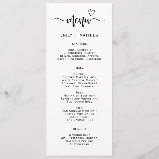 Boho Heart Script Typografy Wedding Menu Card Menükarte (Vorderseite)