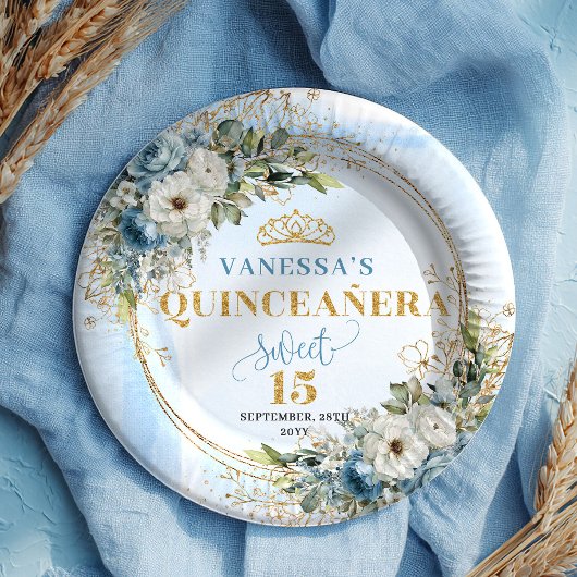Boho Hellblau Blumen Gold Glitter Individueller Na Pappteller