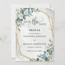 Boho hellblaue Blumen Eukalyptus und Goldrahmen Save The Date