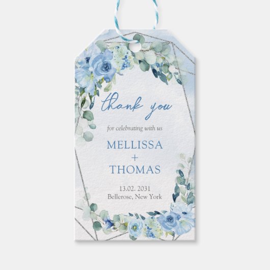 Boho hellblaue Blüten Eukalyptus Silberrahmen Geschenkanhänger (Vorderseite)