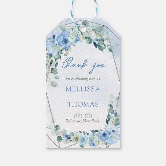 Boho hellblaue Blüten Eukalyptus Silberrahmen Geschenkanhänger (Rückseite)