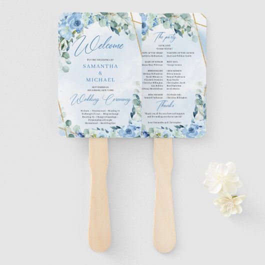 Boho hellblaue Blüten Eukalyptus und Goldrahmen Fächer (Vorne und Hinten)