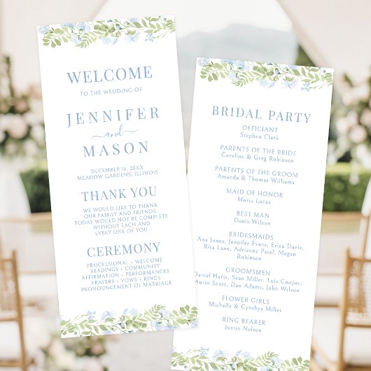 Boho Hellblaue Wildblumen-Hochzeitsprogrammkarte