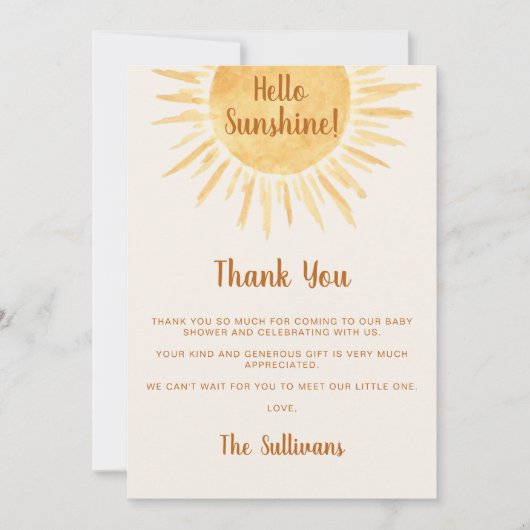 Boho Hello Sunshine Baby Dusche Dankeskarte (Vorderseite)