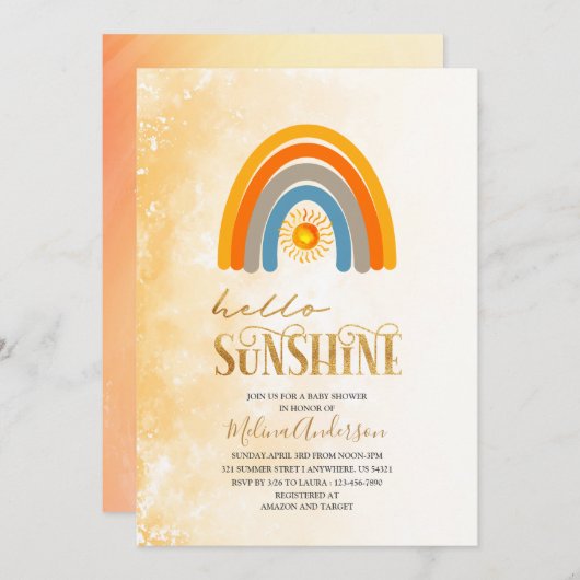 Boho Hello Sunshine Wasserfarben Babydusche Einladung (Vorne/Hinten)