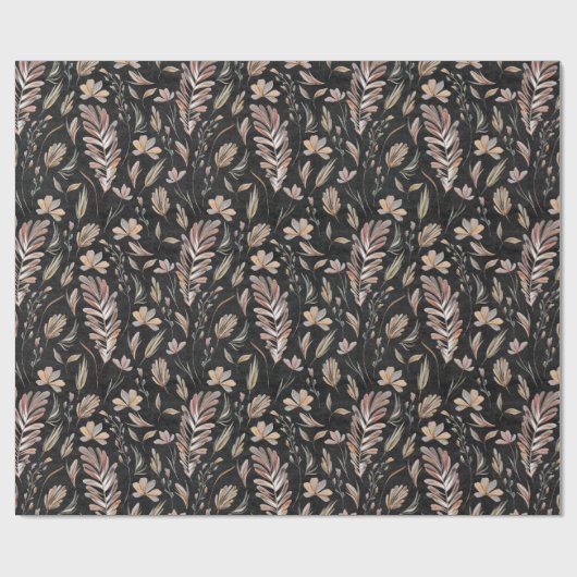 Boho Herbst-Blätter rostgrün auf schwarz Geschenkpapier (Flach)