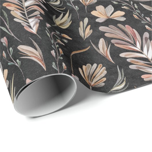 Boho Herbst-Blätter rostgrün auf schwarz Geschenkpapier (Rolleneckpunkt)