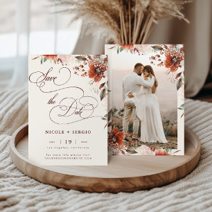 Boho-Herbst-Blumen Elegantes Skript & Foto-Hochzei Save The Date