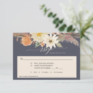 Boho Herbst Blumen Navyblaue Pampasgras Hochzeit RSVP Karte