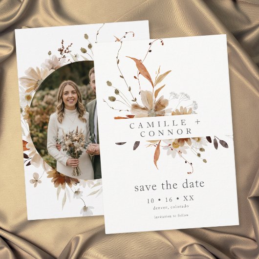 Boho-Herbst-Blumen-Neutrale-Rustikale-Hochzeitsfot Save The Date