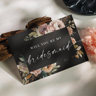 Boho-Herbst-Brautjungfern-Vorschlag. Schwarze Herb Postkarte