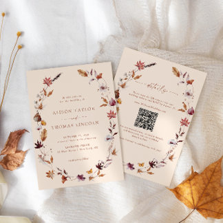 Boho Herbst Terrakotta Blätter Kranz QR Code Hochz Einladung