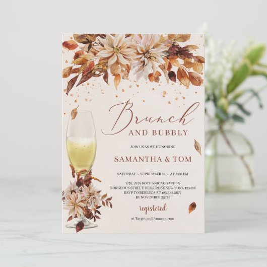 Boho Herbst und Herbst Blume Brunch und Bubbly Einladung (Stehend Vorderseite)