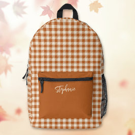 Boho Herbst verbranntes Orange Gingham Karo Maßnam Bedruckter Rucksack