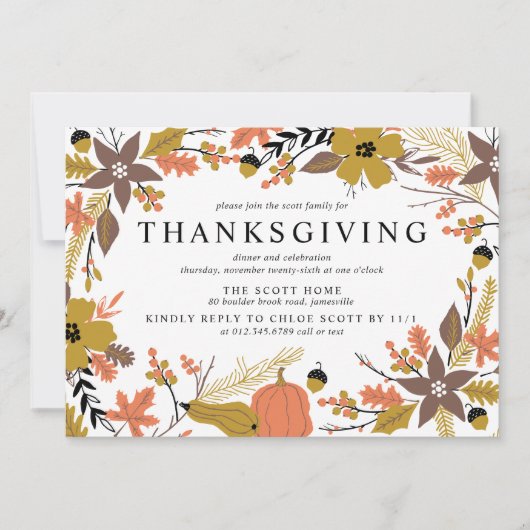 Boho Herbst verlässt Erntedank Dinner Einladung (Vorderseite)