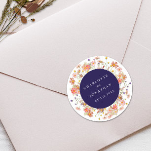 Boho Herbst Wildblumen Blumen Navy Blau Hochzeit Runder Aufkleber