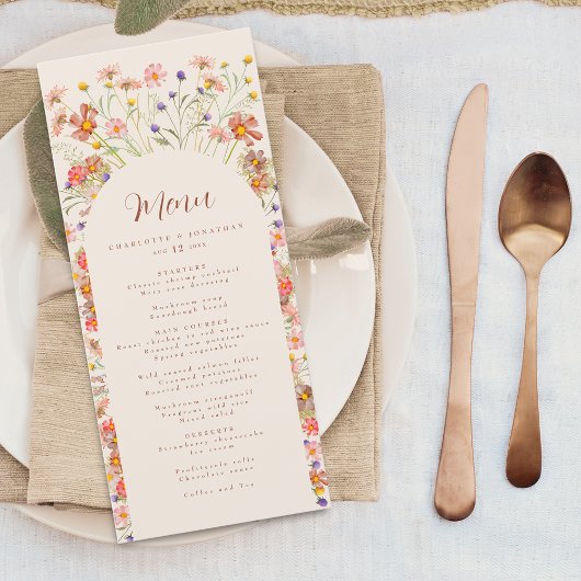Boho Herbst Wildblumen Blumenbogen Beige Hochzeit Menükarte