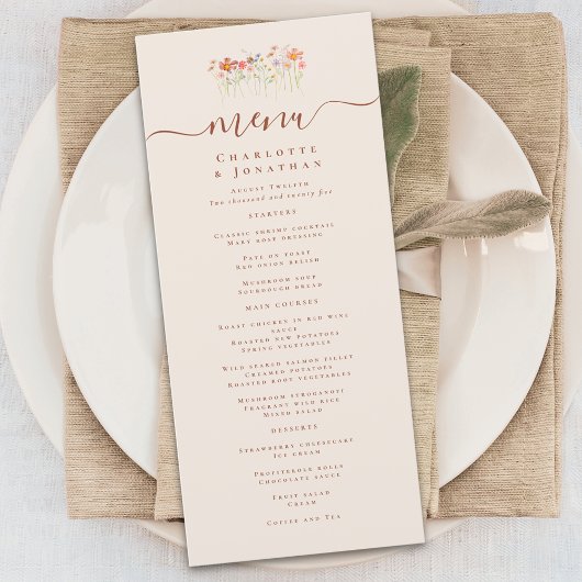 Boho-Herbst-Wildblumen-Hochzeit Menükarte