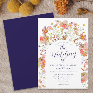 Boho Herbst Wildblumen Navy Blau und Weiße Hochzei Einladung