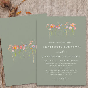 Boho-Herbst-Wildblumen-Sage-Grün-Hochzeit Einladung