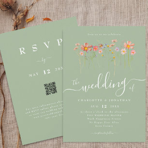 Boho Herbst Wildblumen Salbei Grün QR-Code Hochzei Einladung