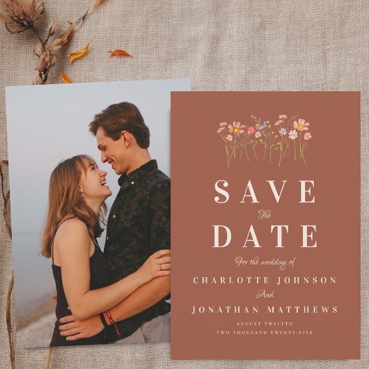 Boho-Herbst-Wildblumen-Terrakotta-Foto-Hochzeit Save The Date
