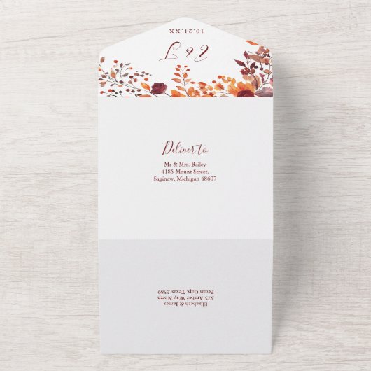 Boho Herbstfall floraler Fall in Liebe Hochzeit All In One Einladung (Außenbereich)