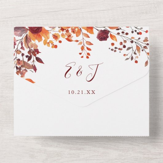 Boho Herbstfall floraler Fall in Liebe Hochzeit All In One Einladung (Rückseite)