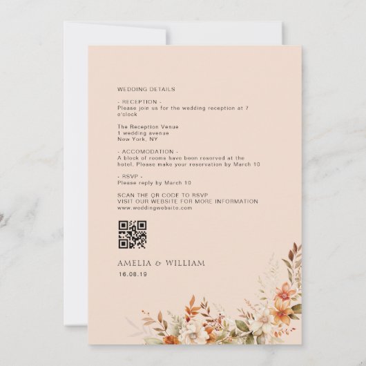 Boho Herbstflorale Hochzeit Einladung (Rückseite)