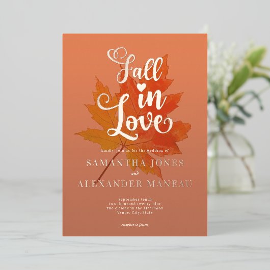 Boho Herbstlaubs Burnt Orange fällt auf Hochzeit i Folieneinladung (Stehend vorne)