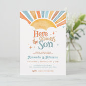 Boho Here Comes the Son Baby Shower Einladung (Stehend Vorderseite)