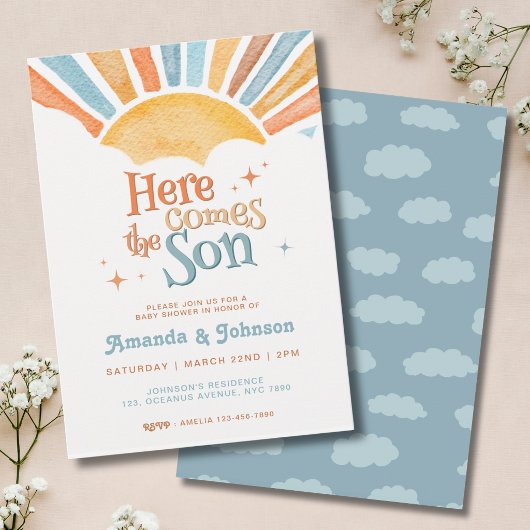 Boho Here Comes the Son Baby Shower Einladung