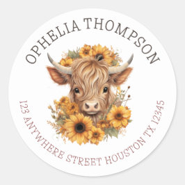 Boho Highland Cow Baby Shower Rücksendeadresse Runder Aufkleber