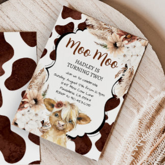Boho Highland Cow Birthday Farm Einladung
