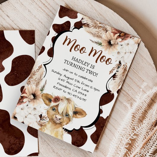 Boho Highland Cow Birthday Farm Einladung