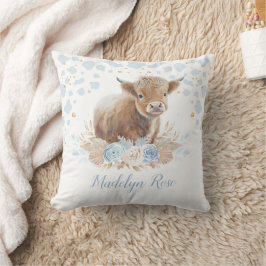 Boho Highland Cow Blue Gold Floral Baby Boy Kissen