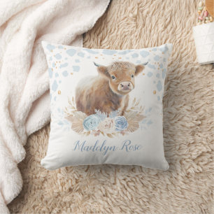 Boho Highland Cow Blue Gold Floral Baby Boy Kissen
