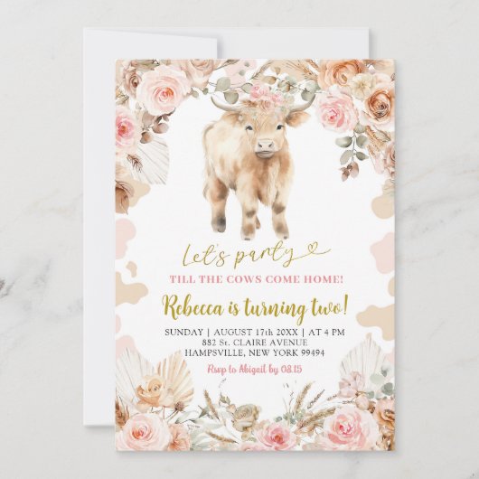Boho Highland Cow Farm Girl Birthday Einladung (Vorderseite)