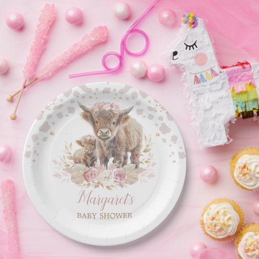 Boho Highland Cow Floral Pampas Grass Baby Girl Pappteller (Party)