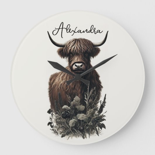 Boho Highland Cow Große Wanduhr (Vorderseite)
