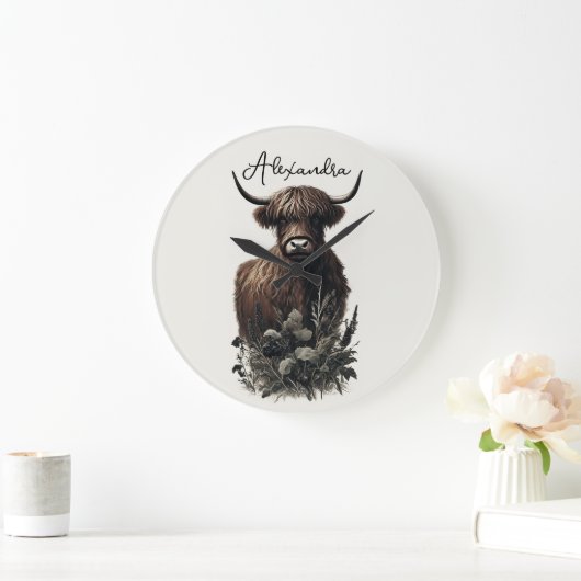 Boho Highland Cow Große Wanduhr (Zuhause)