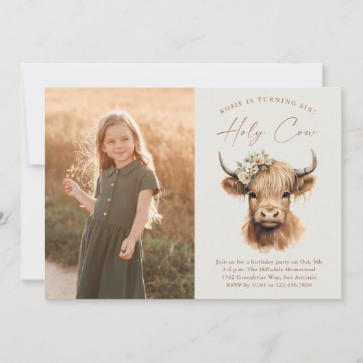 Boho Highland Cow Kids Foto Birthday Party Einladung (Vorderseite)