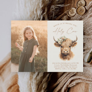 Boho Highland Cow Kinder Foto Geburtstagsfeier Einladung