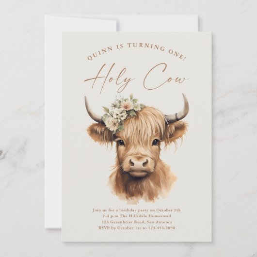 Boho Highland Cow Kindergeburtstag Party Einladung (Vorderseite)