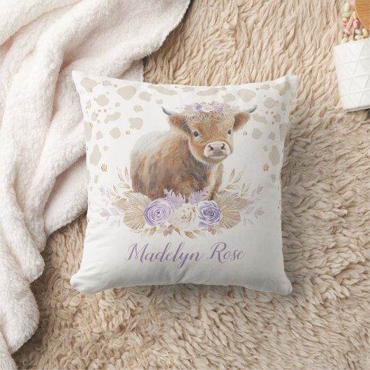 Boho Highland Cow Lavender Gold Floral Baby Girl Kissen (Decke)