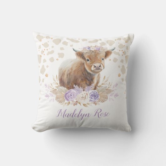 Boho Highland Cow Lavender Gold Floral Baby Girl Kissen (Vorderseite)