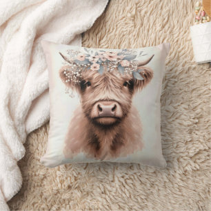 Boho Highland Cow mit Blumenkronen Kissen