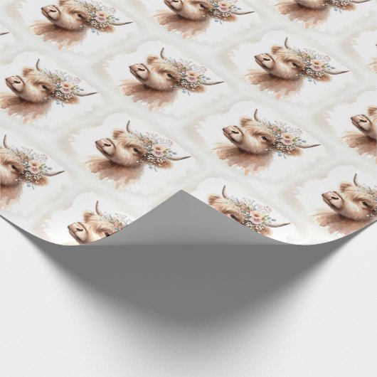 Boho Highland Cow mit Bridal-Blume Geschenkpapier (Ecke)