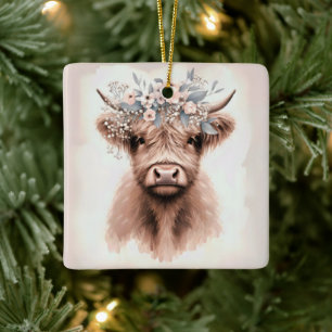 Boho Highland Cow mit Bridal Floral Crown Keramikornament