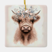 Boho Highland Cow mit Bridal Floral Crown Keramikornament (Vorderseite)